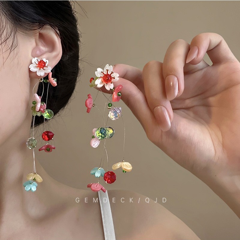 Tassel Earrings Boho - ต่างหูแบบหนีบลายดอกไม้พร้อมพู่หลากสี รุ่น 5778 สำหรับผู้หญิง เครื่องประดับแฟชั่นสไตล์โบโฮสำหรับงานปาร์ตี้ งานออฟฟิศ