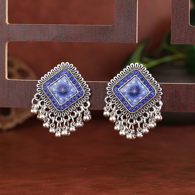 Tassel Earrings Boho - Vintage Silver สีสแควร์ Drop ต่างหูสำหรับผู้หญิง Boho