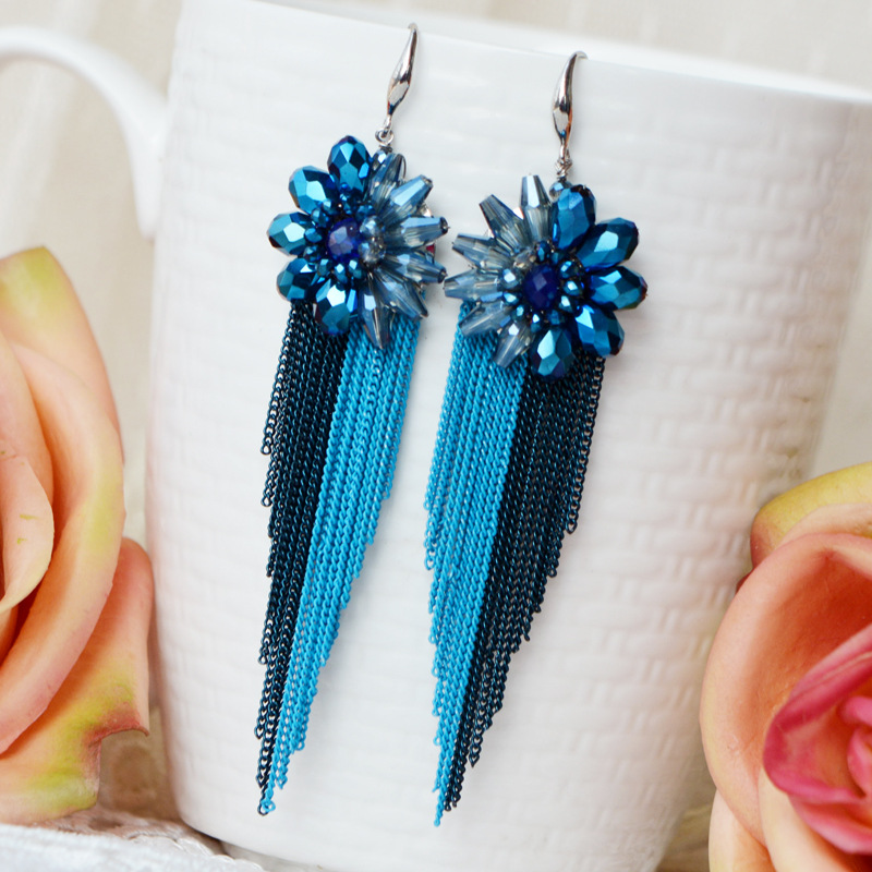 Tassel Earrings Boho - ต่างหูลูกปัดข้าวพู่คริสตัลดอกไม้โบฮีเมียแบบทอมือโลหะผสมหญิงแฟชั่นเรียบง่ายต่างหูลูกปัด