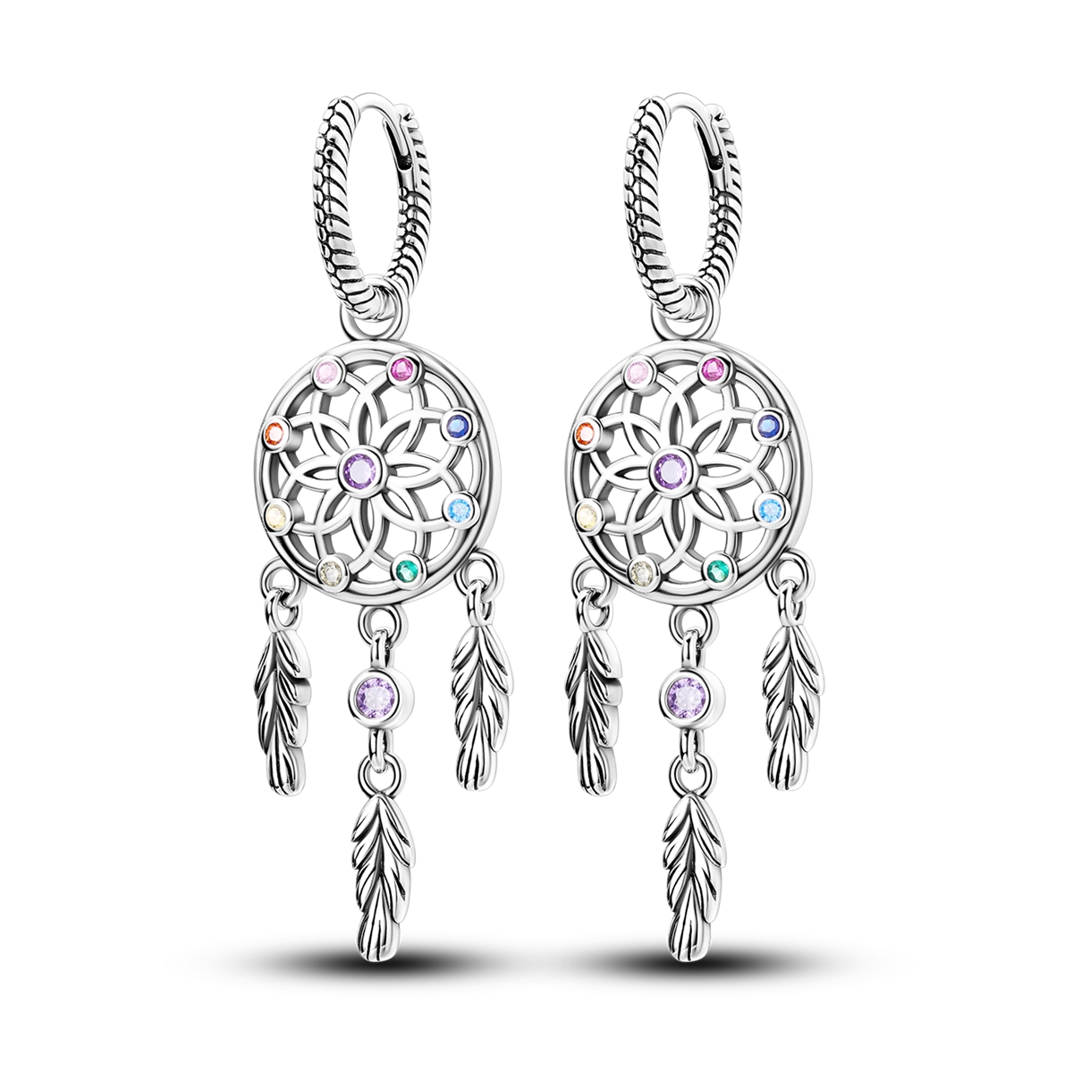 Tassel Earrings Boho - ต่างหูเงินแท้ 925 รูปดักฝัน ประดับเพชรหลากสี สายโซ่แบบงู ต่างหูห่วงแบบหนีบ