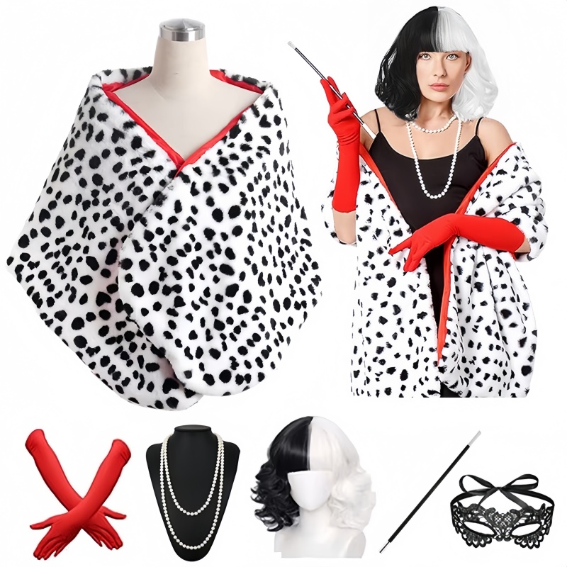 Women'S Accessories In The 1950S - ชุดคอสตูมผู้หญิง Cruella Deville ลายสุนัขดัลเมเชียน ผ้าคลุมไหล่สั้น ถุงมือสีแดง