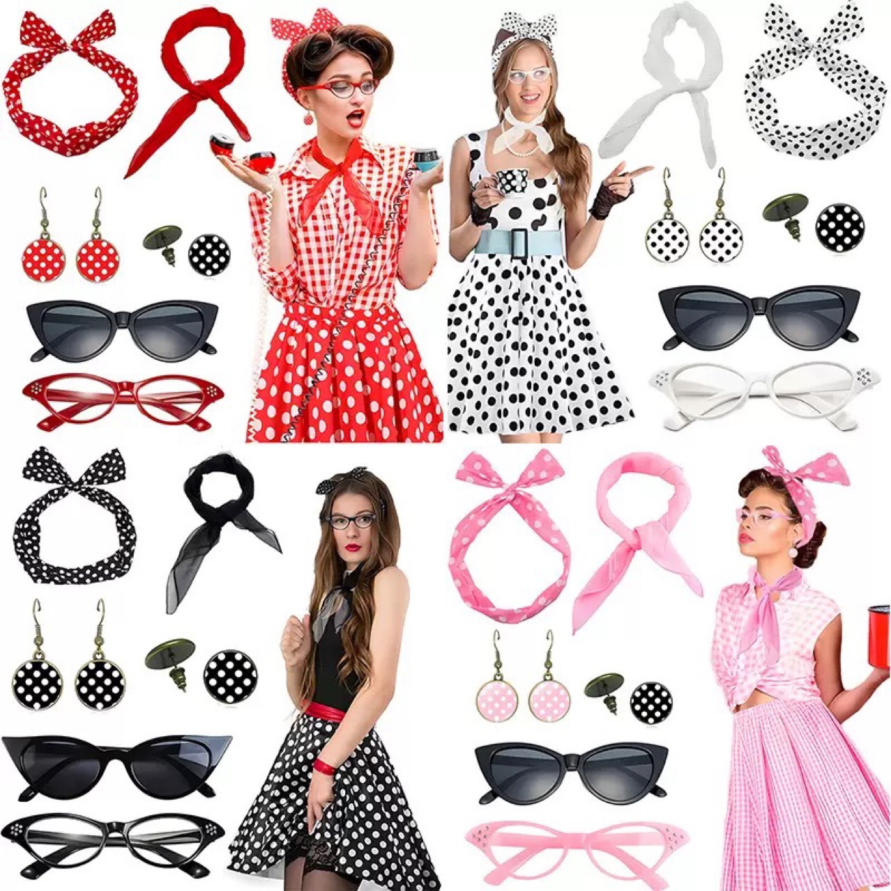 Women'S Accessories In The 1950S - ชุดคอสเพลย์ปาร์ตี้ย้อนยุคยุค 1950 พร้อมแว่นตาตาแมว ที่คาดผมลายจุด ต่างหู และอุปกรณ์เสริมอื่นๆ