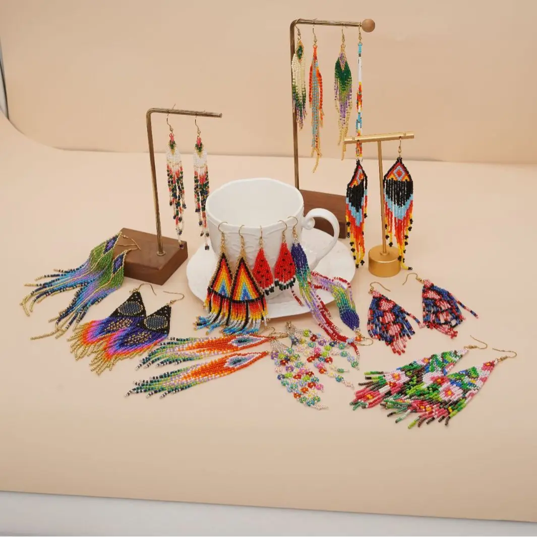 Tassel Earrings Boho - ต่างหูลูกปัดพู่ดีไซน์แปลกใหม่ลายดอกไม้สีรุ้งแบบถักด้วยมือสไตล์โบฮีเมียนต่างหูลูกปัดข้าวแบบเรียบง่าย