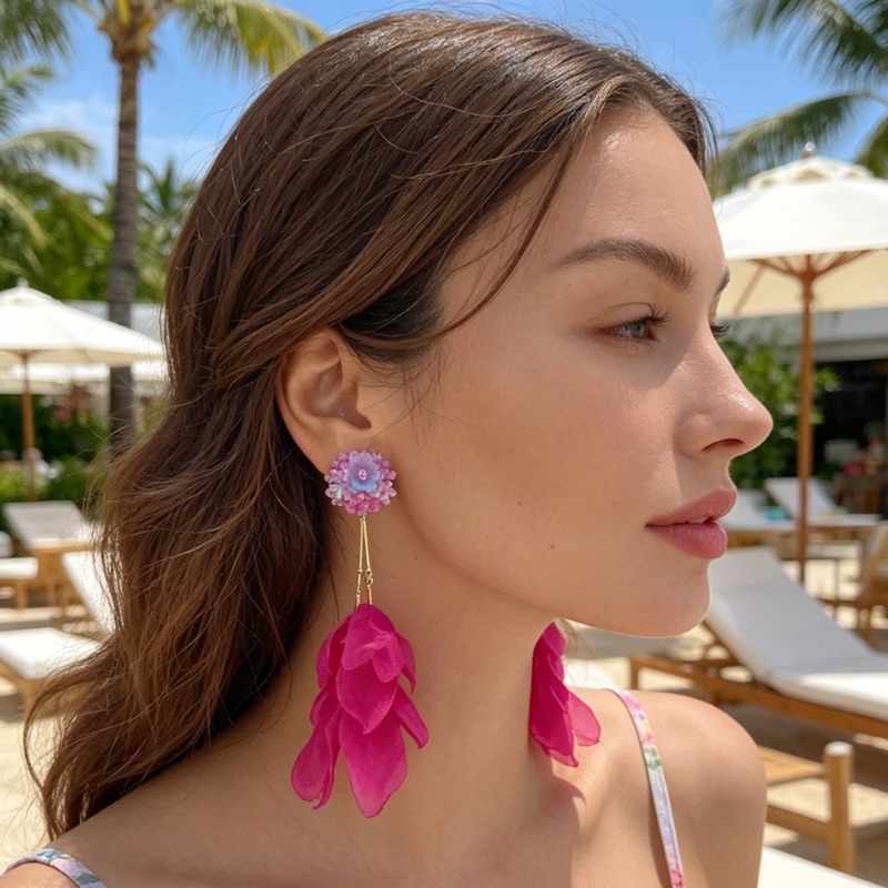 Tassel Earrings Boho - ต่างหูหนีบแบบใหม่ประดับพู่ดอกไม้สำหรับผู้หญิง ไม่ต้องเจาะหู ทำด้วยมือจากลูกปัดแก้วและผ้า ของขวัญเครื่องประดับสำหรับวันหยุด