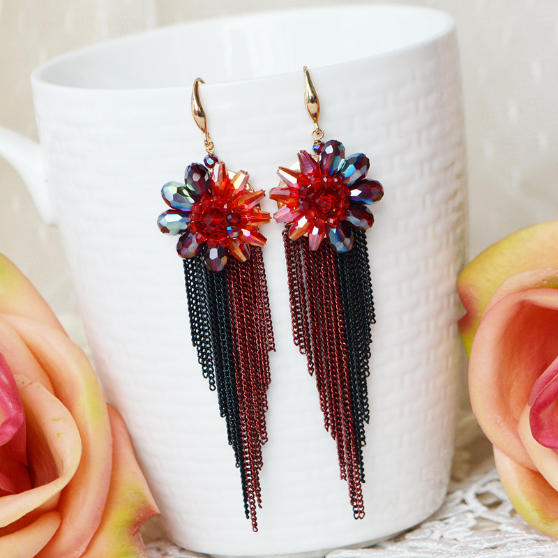ต่างหูลูกปัดข้าวพู่คริสตัลดอกไ - Tassel Earrings Boho บทวิจารณ์และราคา