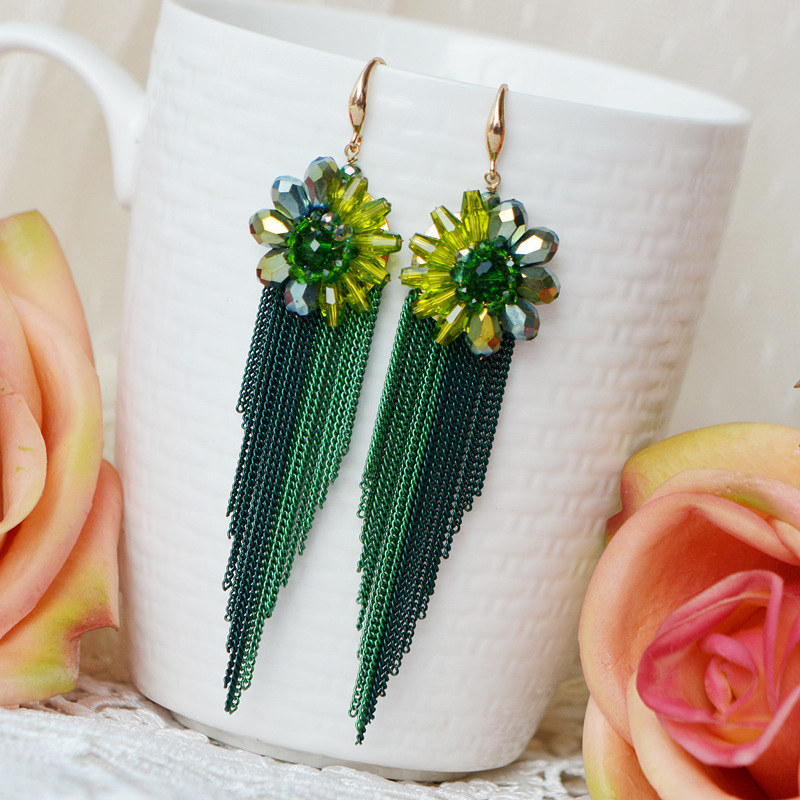 ต่างหูลูกปัดข้าวพู่คริสตัลดอกไ - Tassel Earrings Boho บทวิจารณ์และราคา